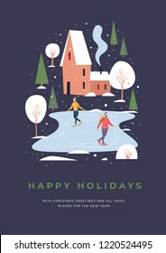 Greeting Card With People Skating. Skaters On A Skating Rink In A Small Town Covered With Snow. Winter Activities And Sports. Happy Winter Holidays. Festive Seasonal Vector Illustration.