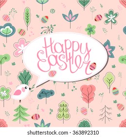 Greeting card with phrase Happy easter and spring trees. Template for your festive design, announcements, greeting cards, posters, advertisement. Background is seamless.