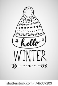 Greeting card with phrase Hello Winter. Vector isolated illustration: brush calligraphy, hand lettering. Inspirational typography poster. For calendar, postcard, label and decor