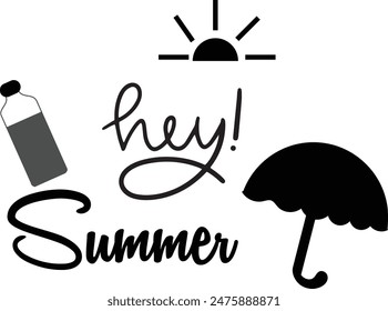 Greeting card with phrase Hey summer. Vector isolated illustration: brush calligraphy, hand lettering. Inspirational typography poster. For calendar, postcard, label and decor