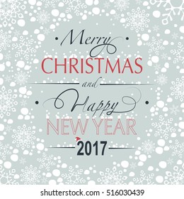 Greeting card. The phrase merry christmas and happy new year and numbers: two, zero, one ,seven on a gray background in the oval. On the letters and the background of snow and snowflakes are falling.