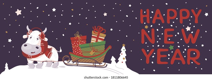 greeting card with a picture of a bull sledge and gifts happy new year