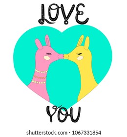 Greeting card with a picture of a pink llama and a yellow llama with a heart, birthday, day of all lovers, love, vector illustration.
