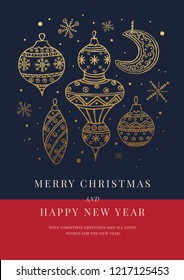 Greeting card with a picture of various golden Christmas toys and balls. Decorative holiday composition for Christmas and New Year. Illustration in line style. Vector colorful image.