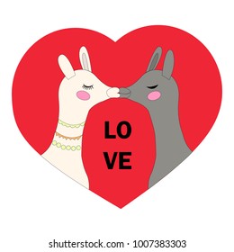 Greeting card with a picture of a white llama and a gray llama with a red heart, birthday, day of all lovers, love, vector illustration.