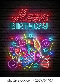 Greeting Card with Piece of Cake, Champagne, Confetti and Happy Birthday Inscription. Neon Lettering. Shiny Poster, Banner, Invitation. Seamless Brick Wall. Vector 3d Illustration. Clipping Mask