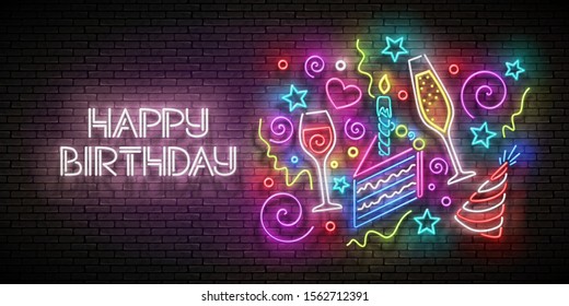 Greeting Card with Piece of Cake, Champagne, Confetti and Happy Birthday Inscription. Neon Lettering. Shiny Poster, Banner, Invitation. Seamless Brick Wall. Vector 3d Illustration. Clipping Mask