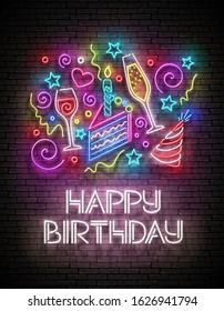 Greeting Card with Piece of Cake, Champagne, Confetti and Happy Birthday Inscription. Neon Lettering. Shiny Poster, Banner, Invitation. Seamless Brick Wall. Vector 3d Illustration. Clipping Mask