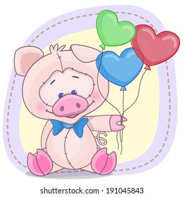 Greeting card Pig with balloons