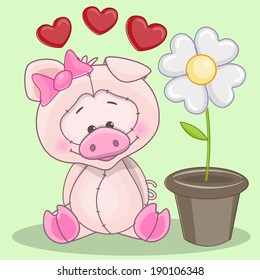 Greeting card pig, hearts and flower