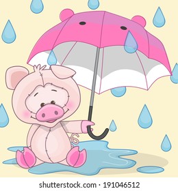 Greeting card Pig with umbrella