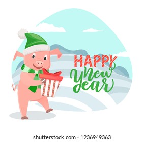 Greeting card pig wishing happy New Year and going to present gift box in decorative wrapping isolated. Piglet at wintertime snowy landscape, vector