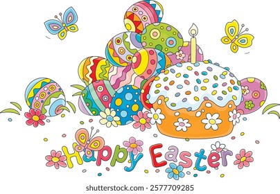 Greeting card with a pile of colorfully painted gift eggs among spring flowers and a holiday cake with funny butterflies flying around, vector cartoon illustration isolated on white