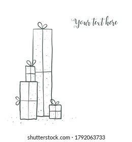 Tarjeta de saludo con montón de cajas de regalo sobre fondo blanco y lugar para el texto