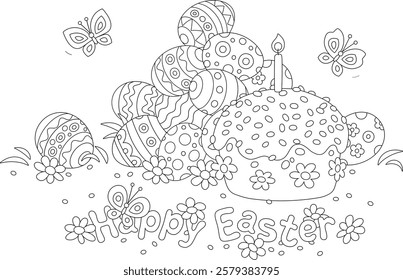 Greeting card with a pile of painted gift eggs among spring flowers and a holiday cake with funny butterflies flying around, black and white outline vector cartoon illustration for a coloring book