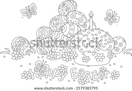 Greeting card with a pile of painted gift eggs among spring flowers and a holiday cake with funny butterflies flying around, black and white outline vector cartoon illustration for a coloring book