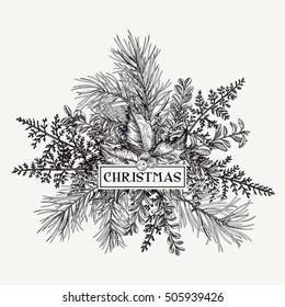 Greeting card with pine branches, holly berries and leaves, fern. Botanical illustration. Christmas bouquet. Engraving. Black and white.