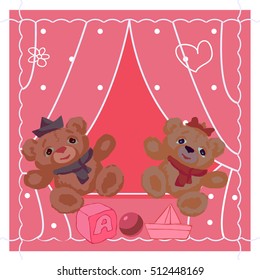 greeting card pink background with teddy bears and toys