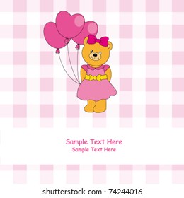 Greeting card. Pink card with a bear with three heart-shaped balloons