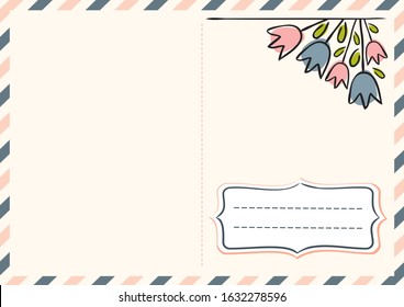 Greeting card with pink and blue tulips. Greeting card for mothers day, birthday and spring theme.