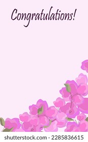 Greeting card with pink Bougainvilea flowers on a pale pink background. Copy space. Floral vector illustration.