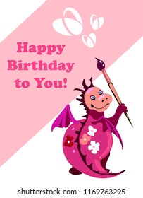 
Greeting card with a pink dragon and the inscription: Happy birthday to you!