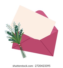 Tarjeta de felicitación en sobre rosa con Pequeño ramo de flores y nota en blanco. Ilustración vectorial plana del estilo de la historieta aislada en el fondo blanco