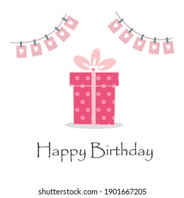 Greeting card with pink gift box and decoration. Congratulations template, vector illustration in flat style