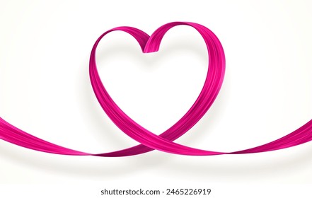 Greeting card with pink heart ribbon. Acrilyc paint brushstroke in the shape of heart. Vector illustration with Love symbol.