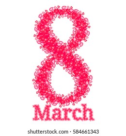 Greeting card with pink hearts. 8 march - woman's day