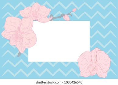 greeting card with pink orchids on a blue background