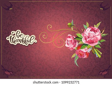 Greeting card with pink peony flowers. Wedding invitation ceremony card. Beautiful bouquet with vintage background