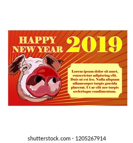 Greeting card with a pink pig, a symbol of the Chinese New Year. Vector illustration