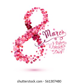 Greeting card with pink rose petals. 8 march - happy women's day!