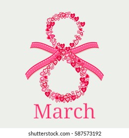 Greeting card with pink rose petals and ribbon. 8 march - woman's day
