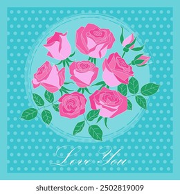 Greeting card with pink roses  and textured background. Vector color illustration in flat line art style. 