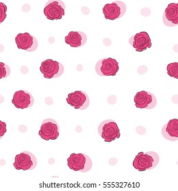 Greeting card with pink roses, watercolor, can be used as invitation card for wedding, birthday and other holiday and summer background. Vector seamless pattern.