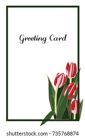 greeting card with pink tulips flower and green frame