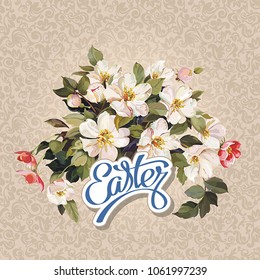 Greeting card with pink and white flowers of apple trees for Easter card. Beautiful bouquet with vintage background