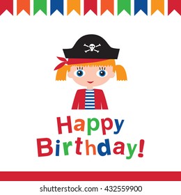Greeting card. Pirate birthday. Vector Illustration.