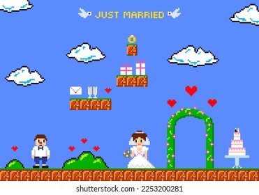 Imagen de píxel de tarjeta de felicitación al estilo de juego de ocho bits. Inscripción del recién casado. Recién casados. Groom y novia en un estilo de juego de 8 bits. Ilustración vectorial.