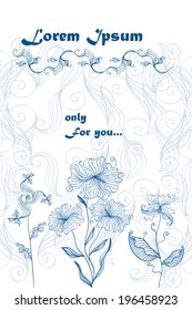 Greeting card with place for text. Line, contour vector illustration.Flowers for your design.