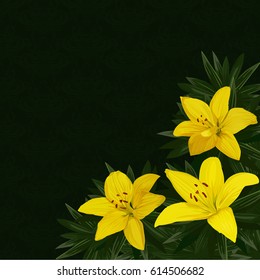 Greeting card with place for text. Three yellow lily flowers with leaves on a green background.