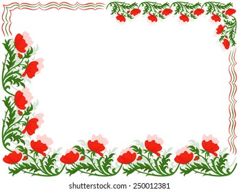 Greeting card with placed around the perimeter a floral ornament with red poppies and colorful lines, hand drawing vector illustration