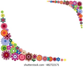 Greeting card with placed around the perimeter many colourful flowers, vector illustration