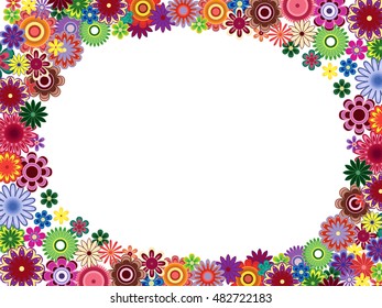Greeting card with placed around the perimeter many colourful flowers and empty white oval place in the centre, vector illustration