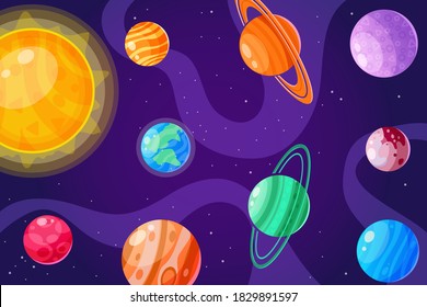 Grußkarte von Planeten des Sonnensystems, Satz von mehrfarbigen Mars, Venus, Jupiter, Neptune, Sonne, Erde, Uranus, Sättigung des Sternenhimmels, Milchstraße, Mock up for school lehring Astronomie EPS10