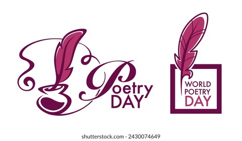 Greeting card for Poetry day with calligraphic inscription, inkwell and quill pens for banner or logotype in cartoon drawn templates. Poetic activities, events and celebration. Vector in flat style