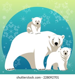 Greeting Card with Polar bear family. Mother bear walking with her cubs