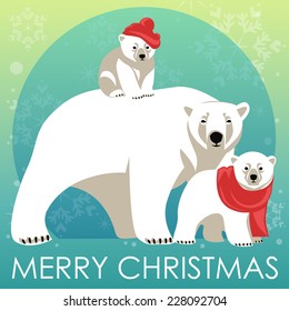 Greeting Card with Polar bear family. Mother bear walking with her cubs